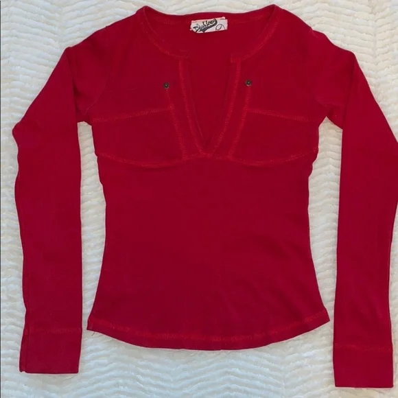 Red Deep V Long Sleeve Tee - Picture 1 of 6